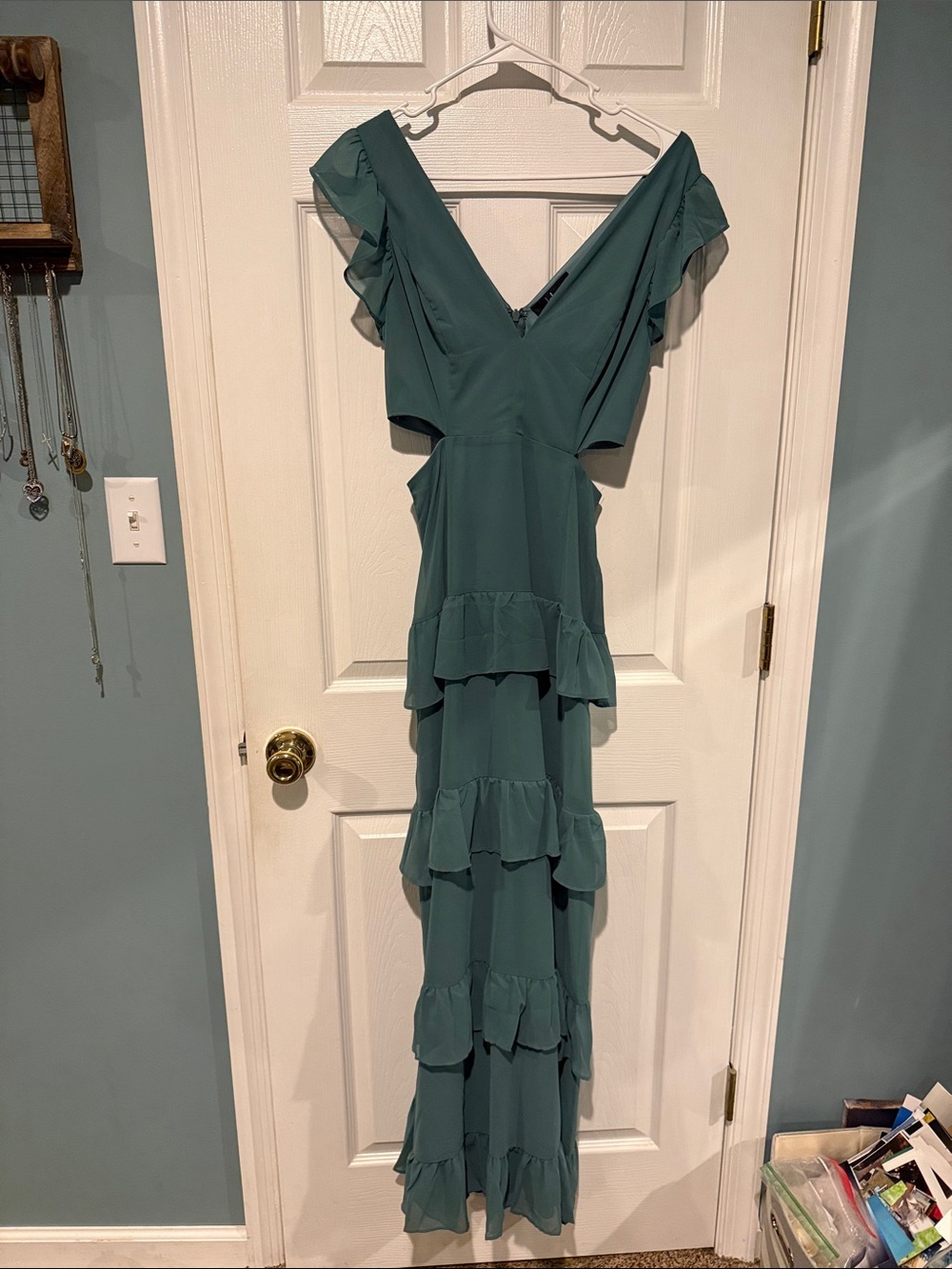 Lulu's Teal Ruffle-Tiered V-Neck Maxi Dress